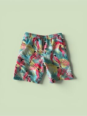 Tropical Parrot Print Swim Shorts in Teal and Pink